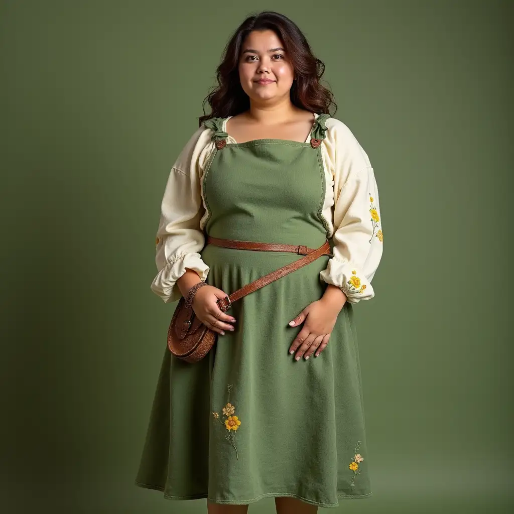 FullBody-Portrait-of-PlusSize-Top-Model-in-Green-Hobbit-Dress-with-Floral-Embroidery