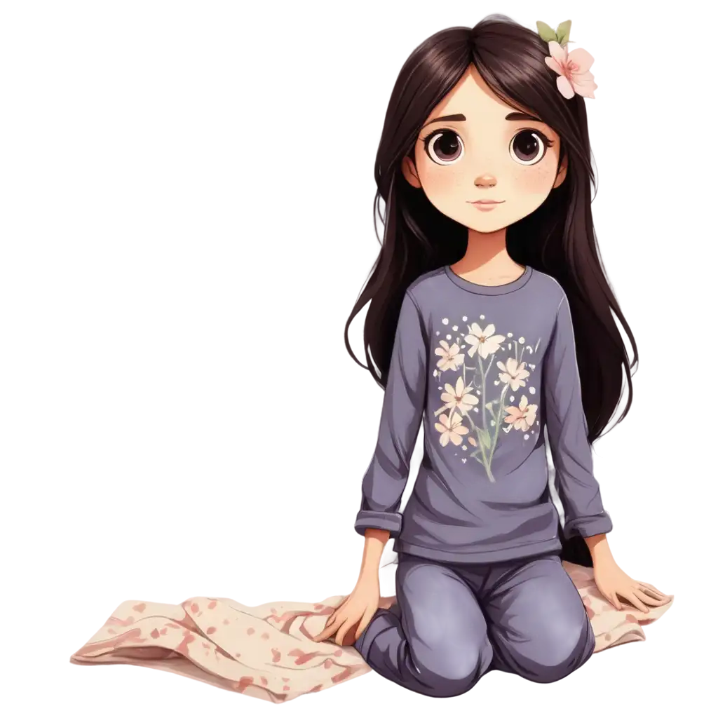 12YearOld-Girl-with-Black-Hair-in-Flower-Pajamas-Cartoon-Drawing-PNG