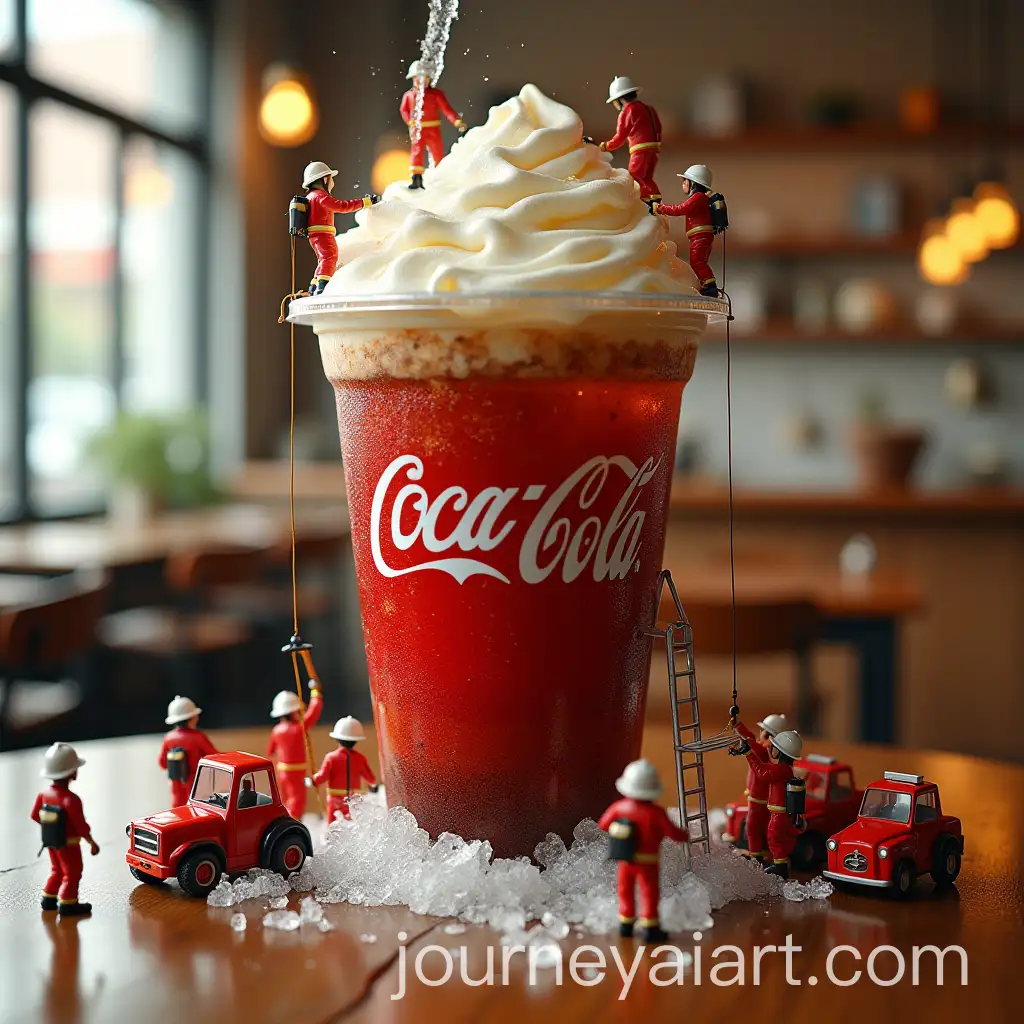 Miniature-Firefighters-Responding-to-McDonalds-Giant-CocaCola-Spill-in-Cozy-Cafe-Setting