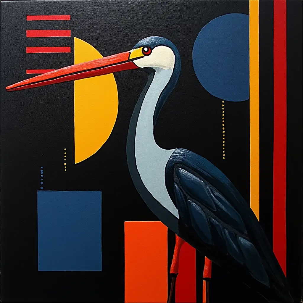 user_prompt: A grid-like picture, a striped pattern, a stylized heron portrait in the dark, in the style of Kandinsky, Malevich, minimalism, simplified for beginner artists with acrylics in many colors, constructivism abstractism,