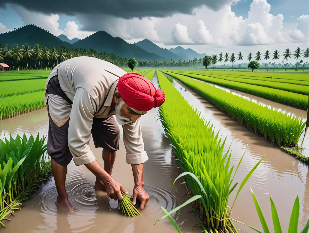 Elderly-Farmer-Tending-Rice-Plants-in-Overcast-Paddy-Field