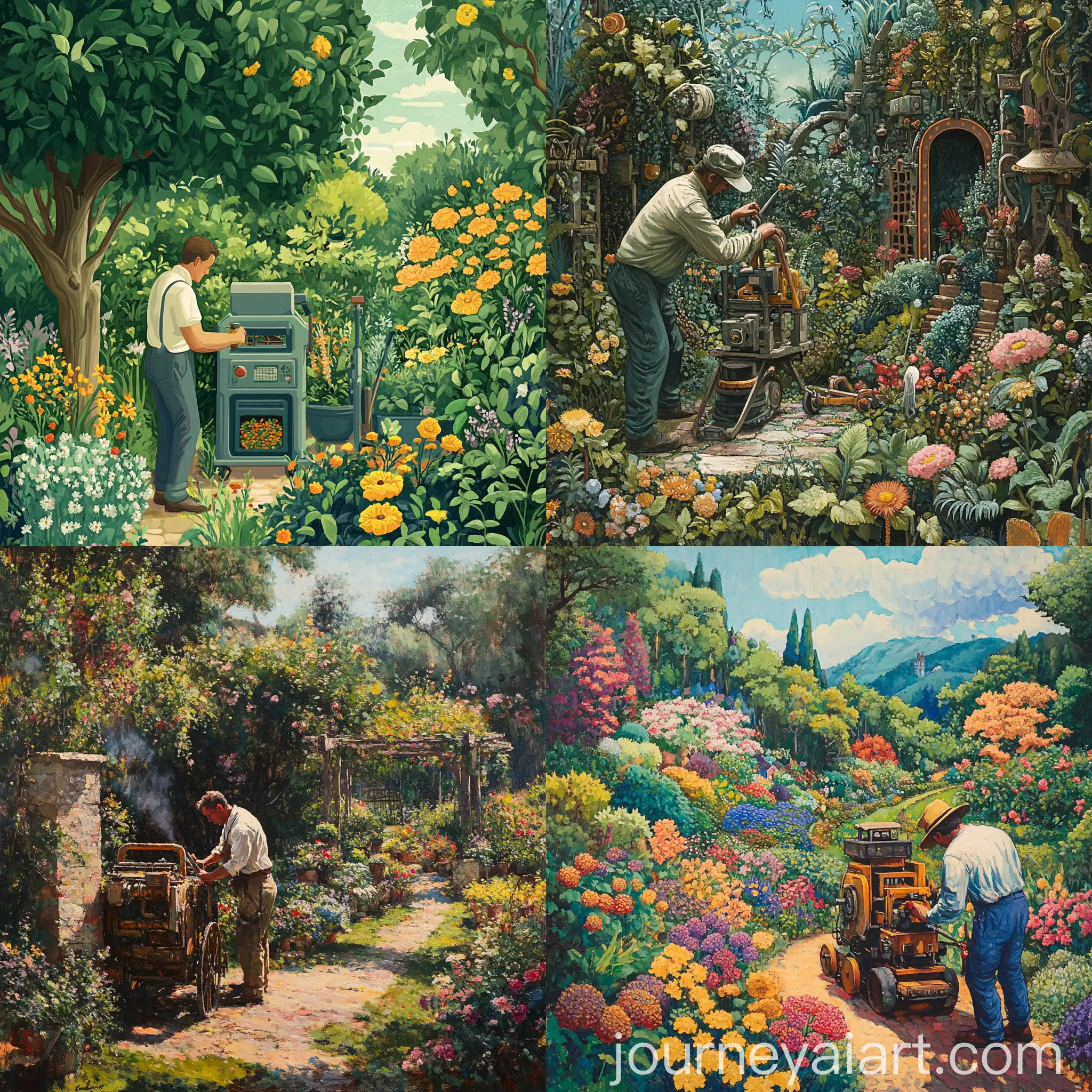 Man-Operating-Gardening-Machine-in-Lush-Garden-Setting