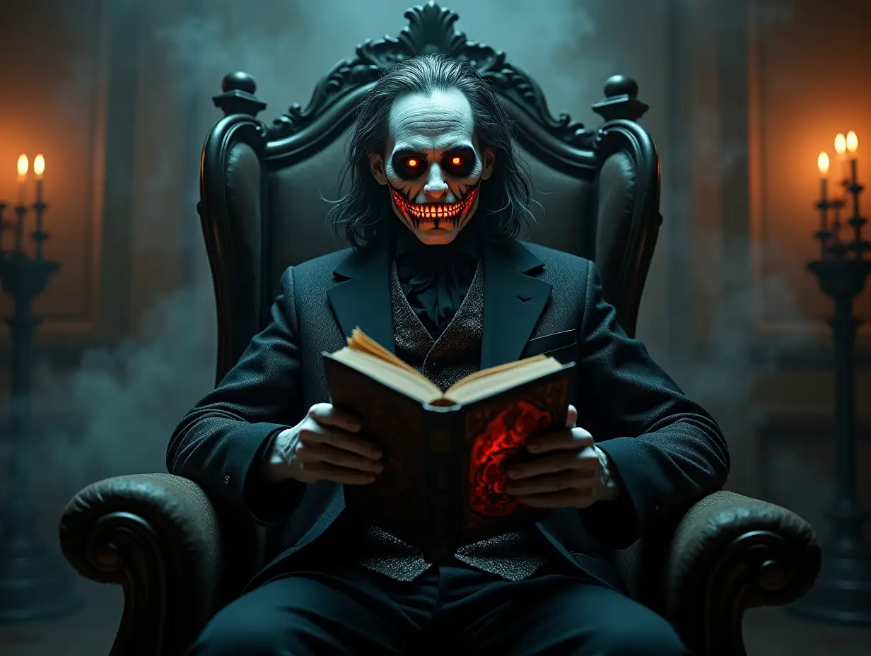 A sinister humanoid figure, The Keeper, seated in an ornate Gothic chair. He holds an ancient tome with glowing runes and a sinister embossed face. His pale white face has smudged black shadows around glowing red-orange eyes and a black, exaggerated grin that stretches unnaturally. His disheveled black-and-silver hair adds a ghostly aura. The Victorian-style suit is tattered, with a dramatic tailcoat and high collar. The dimly lit room is filled with swirling mist, faint candlelight, and shadowy forms. The lighting creates sharp contrasts, emphasizing the eerie tome and The Keeper’s unsettling grin.