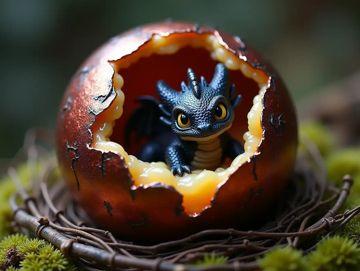 user_prompt: A dark reddish metal dragon egg with iridescent scales of extreme realistic rugged and hard texture, broken to reveal a honey-colored mucus inside, of extreme realistic liquid and viscous texture, in the middle of the egg a black baby dragon is born and small blue and white wings, its scales are extremely realistic, rugged and hard appearance, it has very realistic yellow eyes. The egg is in a nest of twigs and fresh moss hyperrealistic