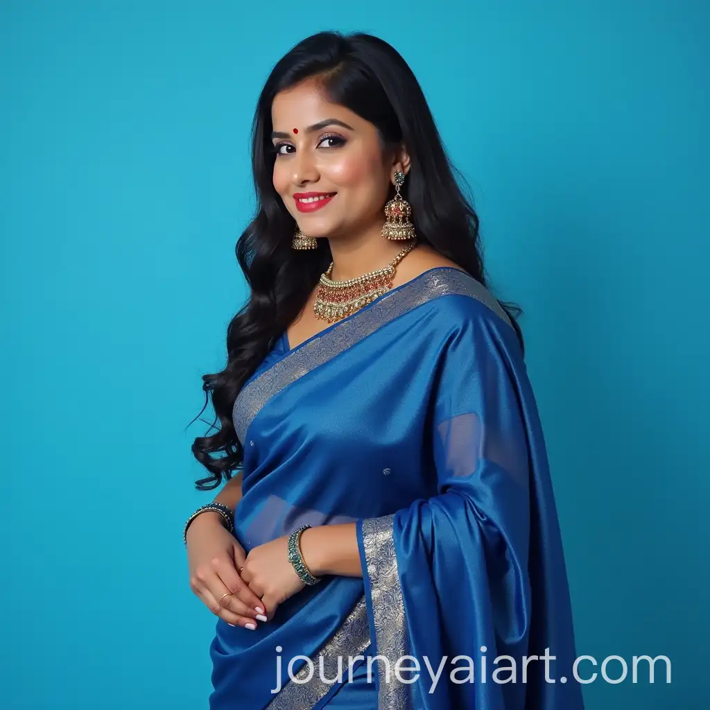 Plump-Tamil-Woman-in-Blue-Saree-Against-a-Clean-Background