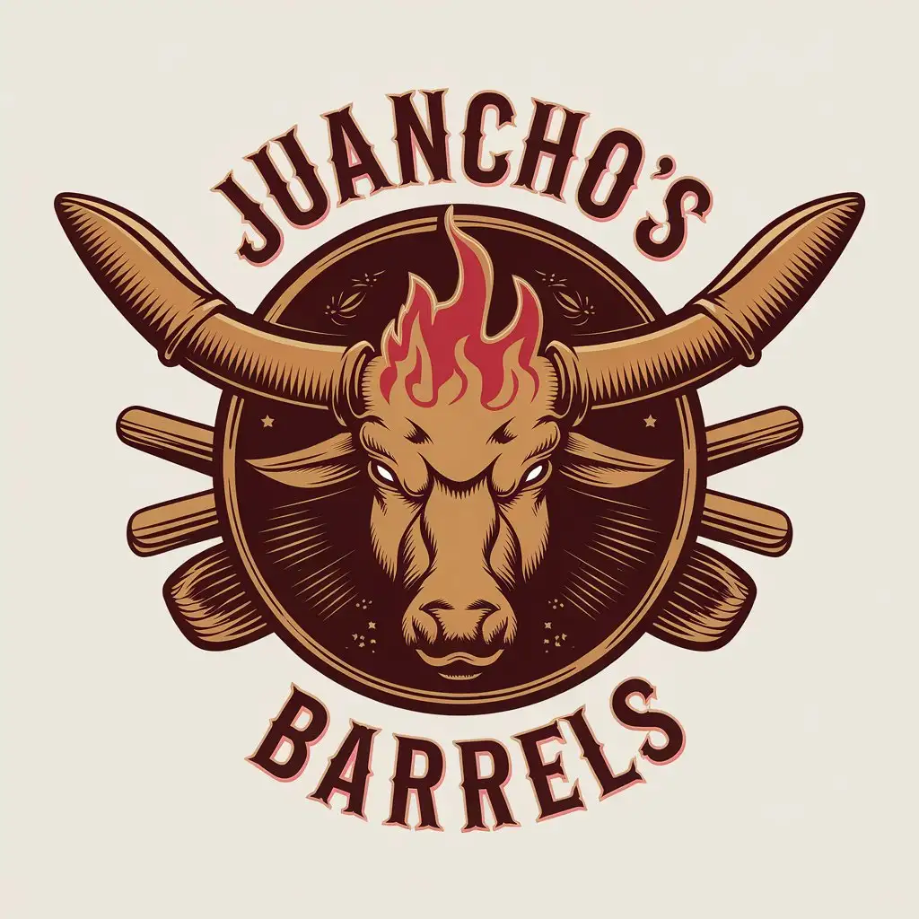 a vector logo design,with the text "JUANCHO'S BARRELS", main symbol:FUEGO+VACA,Moderate,clear background