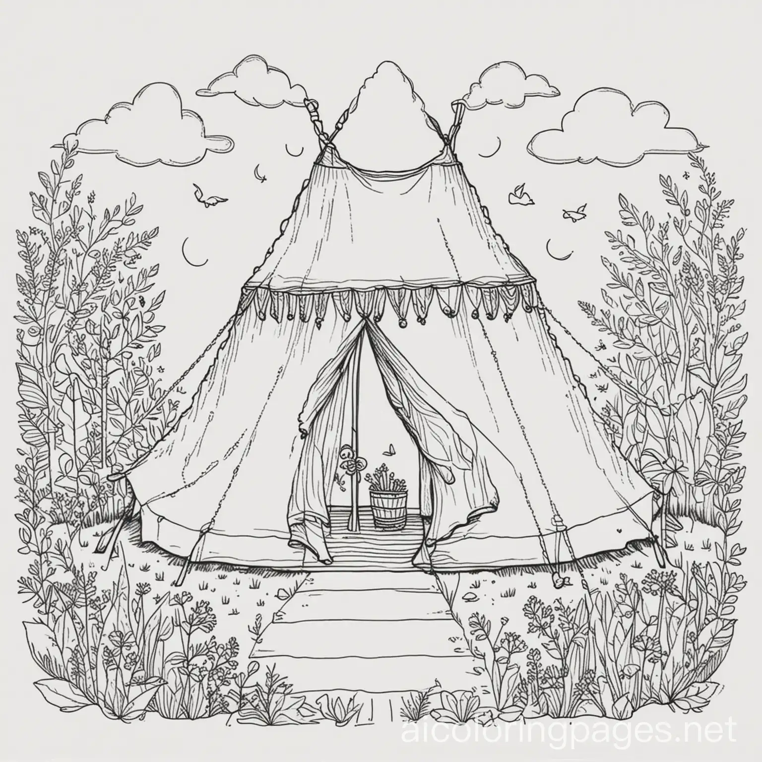 a Cute tent at a festival for adults , Coloring Page, black and white, line art, white background, Simplicity, Ample White Space. The background of the coloring page is plain white. The outlines of all the subjects are easy to distinguish, making it simple to color without too much difficulty, lots of patterns, boho style, Coloring Page, black and white, line art, white background, Simplicity, Ample White Space. The background of the coloring page is plain white to make it easy for young children to color within the lines. The outlines of all the subjects are easy to distinguish, making it simple for kids to color without too much difficulty