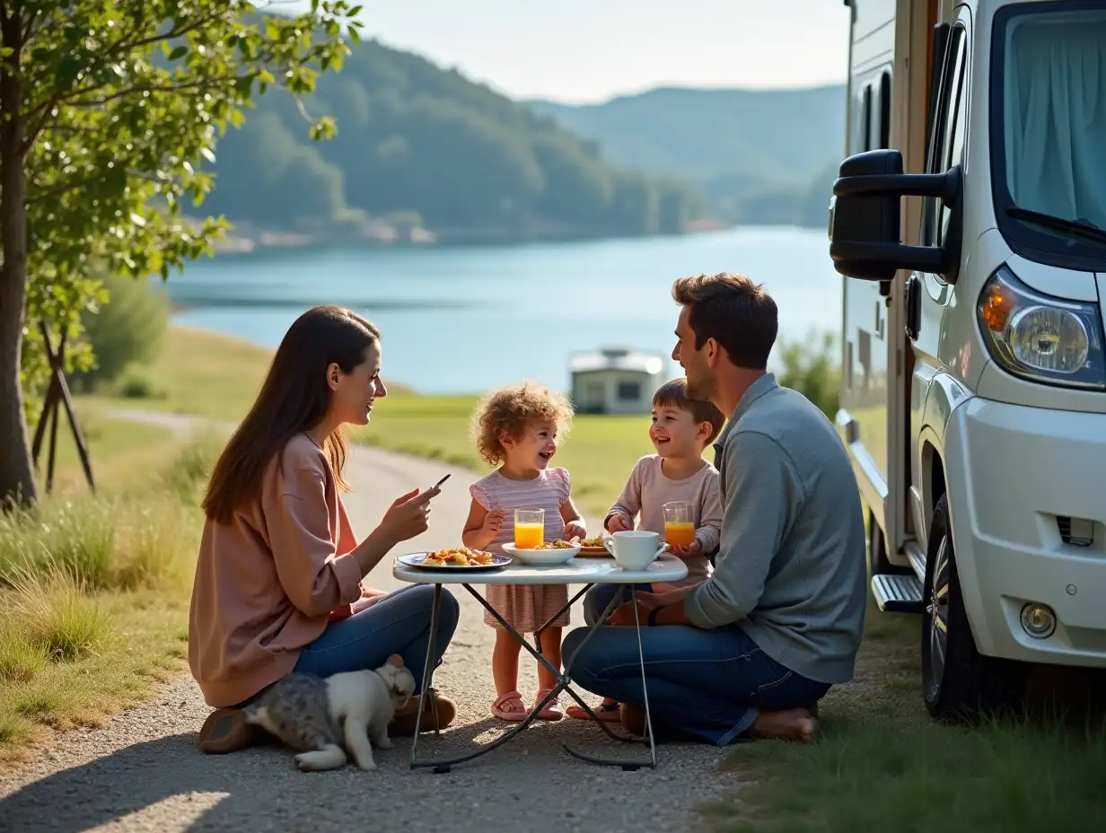 South-European-Family-Enjoying-Breakfast-at-Italian-Campsite-with-Clear-Lake-View