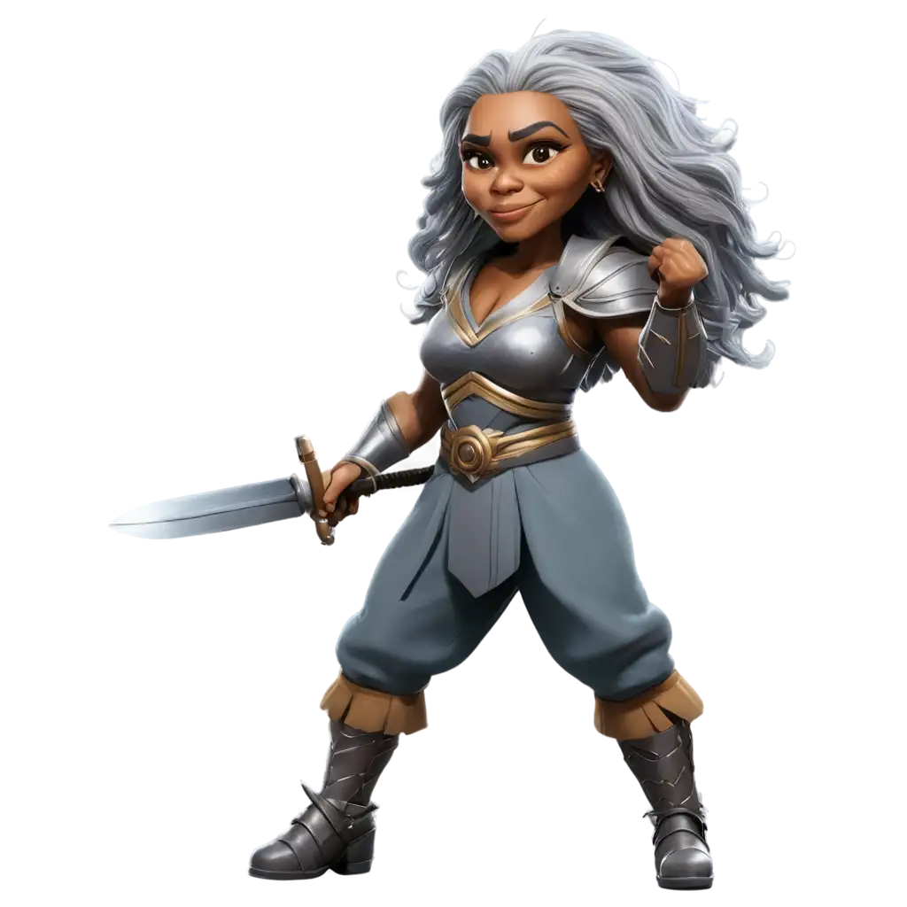 Cartoon-Old-Black-Woman-Warrior-with-Grey-Long-Hair-PNG-Image