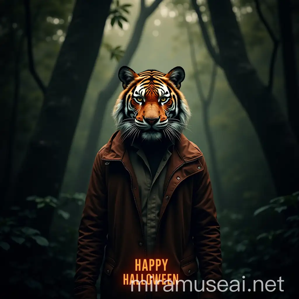 TigerHeaded Man Celebrating Halloween in a Jungle