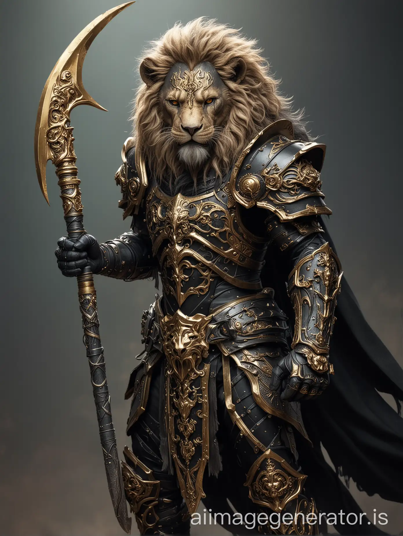 Anthropomorphic lion warrior holding a war scythe. He is wearing black armor with gold highlights.