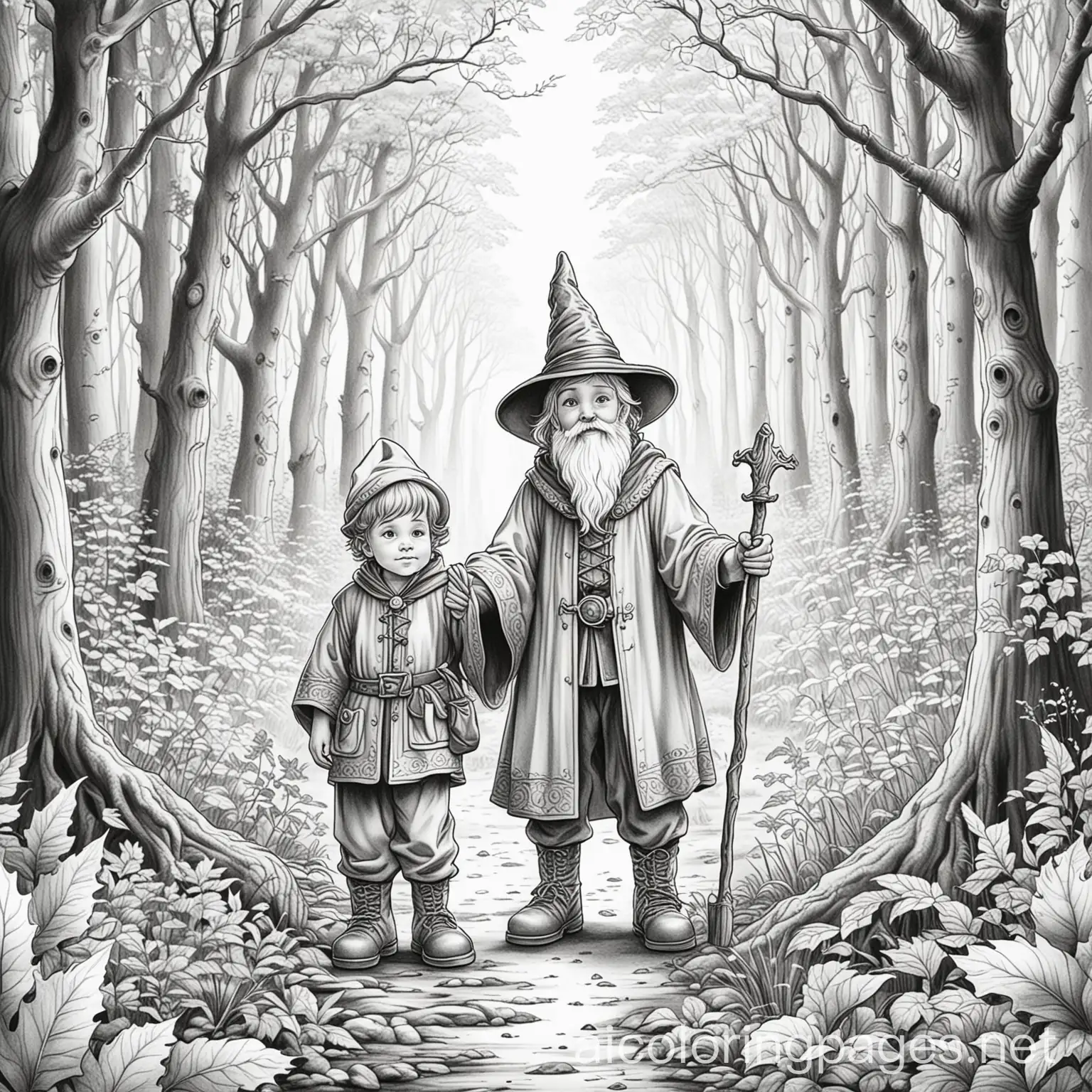 wizard and a little boy in the forest, Coloring Page, black and white, line art, white background, Simplicity, Ample White Space. The background of the coloring page is plain white to make it easy for young children to color within the lines. The outlines of all the subjects are easy to distinguish, making it simple for kids to color without too much difficulty