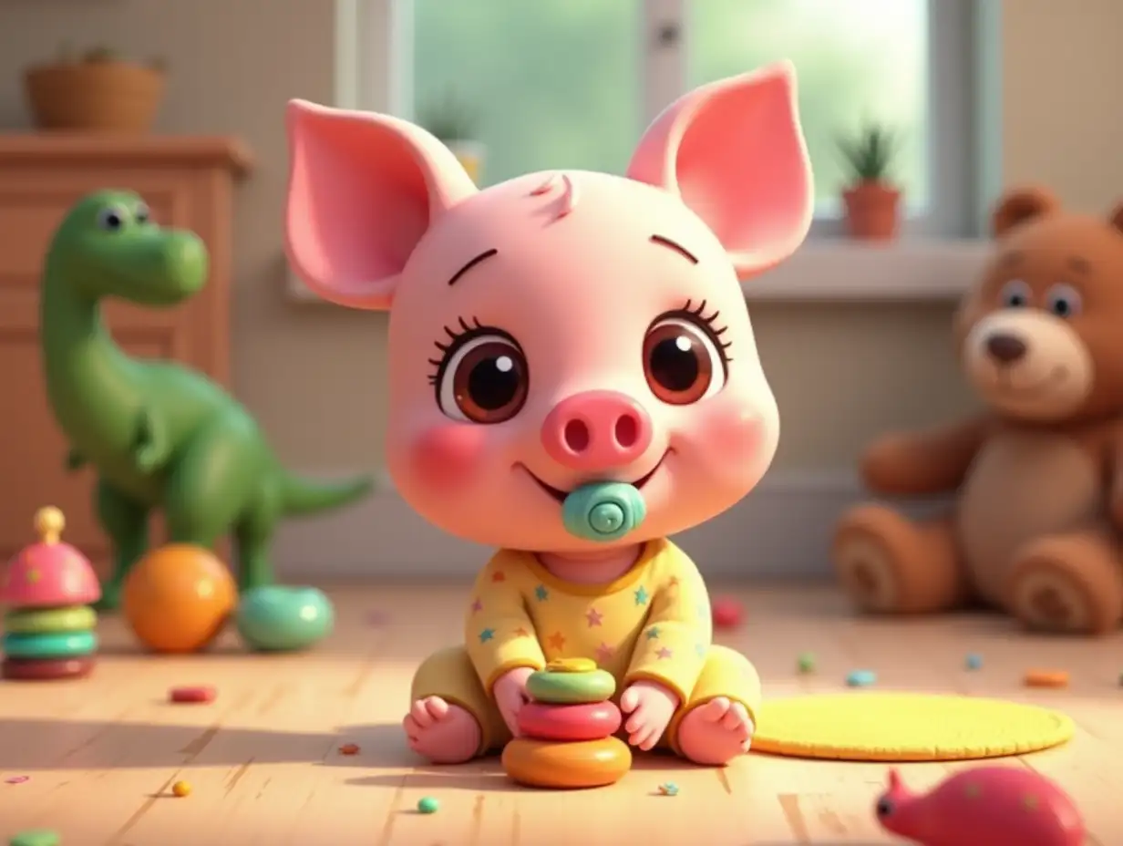 A baby version of Pigpa, the adorable and playful piglet character, based on the modern official YouTube art style from her popular animated show. Pigpa is the main character of the series, known for her love of adventure and spending time with her family, especially her little brother George, who has a fascination with dinosaurs. In this scene, Baby Pigpa is sitting on the floor, facing the viewer, with a cheerful and curious expression. She is surrounded by colorful toys, including stacking rings, a plush bear, and a prominent dinosaur toy, which reflects her brother George’s favorite hobby. Pigpa has a pacifier in her mouth and is dressed in a soft, pastel-colored onesie with playful patterns, adding to her babyish charm. The background is vibrant, featuring dynamic lighting and detailed elements like scattered toys in a cozy, animated environment. The overall scene captures the fun, energetic, and wholesome nature of Pigpa’s world, rendered in a polished and modern animation style, familiar to her fans on YouTube