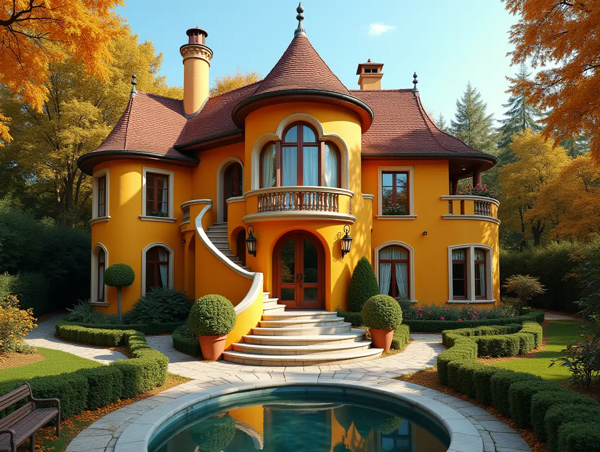 Crooked House, Garden  Bepflanzung-Sauber, with golden stucco, large windows with glass closed, curved, smooth window shapes, winding grand entrance staircase of marble, Complex pointed roof with pond, lanterns, bench from gold, Orange tree 4K resolution colorful superwide-angle shots