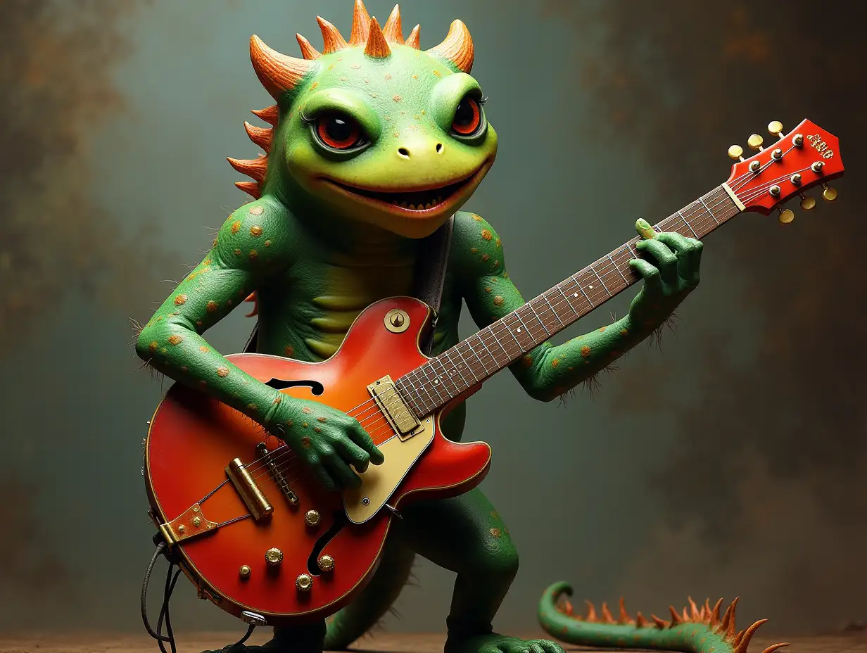 Green brown spotted monster plays two guitars the monster has four arms