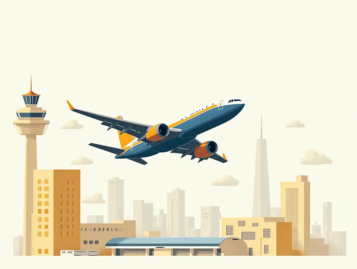 A stylized illustration of a passenger jet in flight, positioned diagonally across the image. The plane is a mix of blue and orange/light gray hues. The background depicts a airportscape, rendered in muted tones of white, yellowblue in various shades, and beige, with stylized clouds obscuring parts of the buildings. The airport's architecture is blocky and somewhat abstract. The plane is centrally located within the image but not perfectly centered, tilted slightly upward, and angled towards the upper right corner of the frame. It's in a dynamic flying pose, wings slightly outstretched, with visible engine details. The overall style is graphic and slightly textured, with a somewhat urban or industrial feel. The lighting is diffused, mimicking an overcast sky or ambient light. The colors are muted and not overly bright, creating a somewhat subdued atmosphere. The perspective is from a slightly elevated angle, giving a view of the plane in mid-flight. Important details include the plane's design, the graphic airportscape background and the text on the stamp.