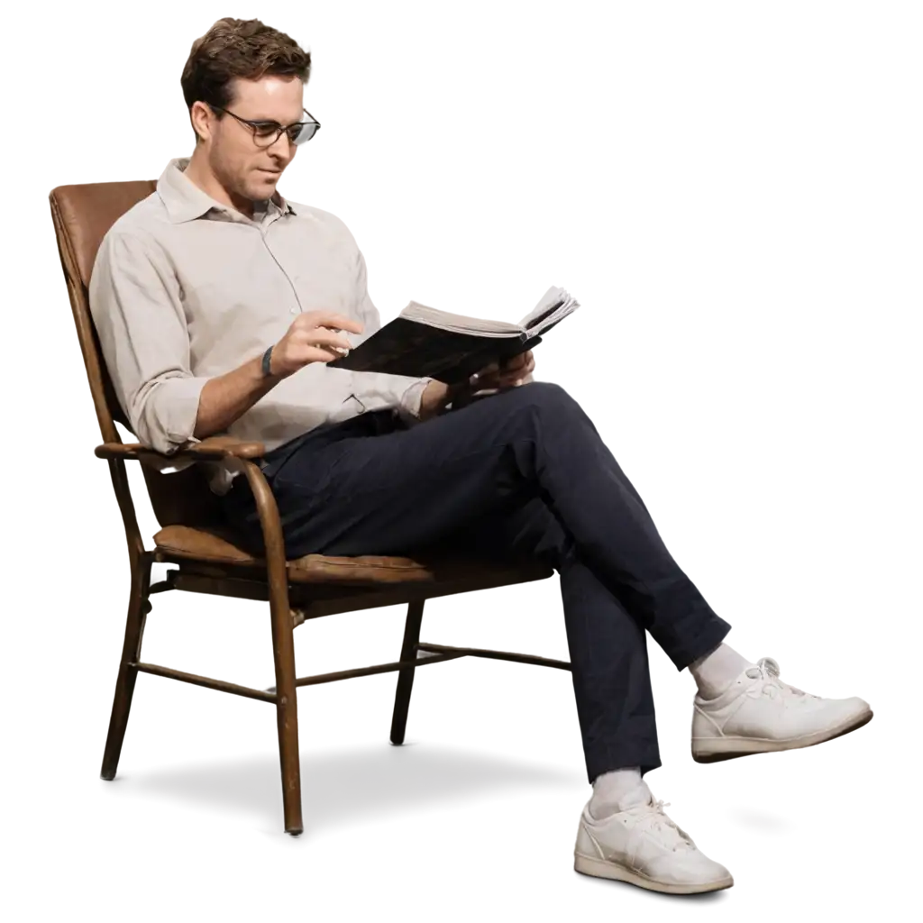 A male actor is sitting on a chair reading a script