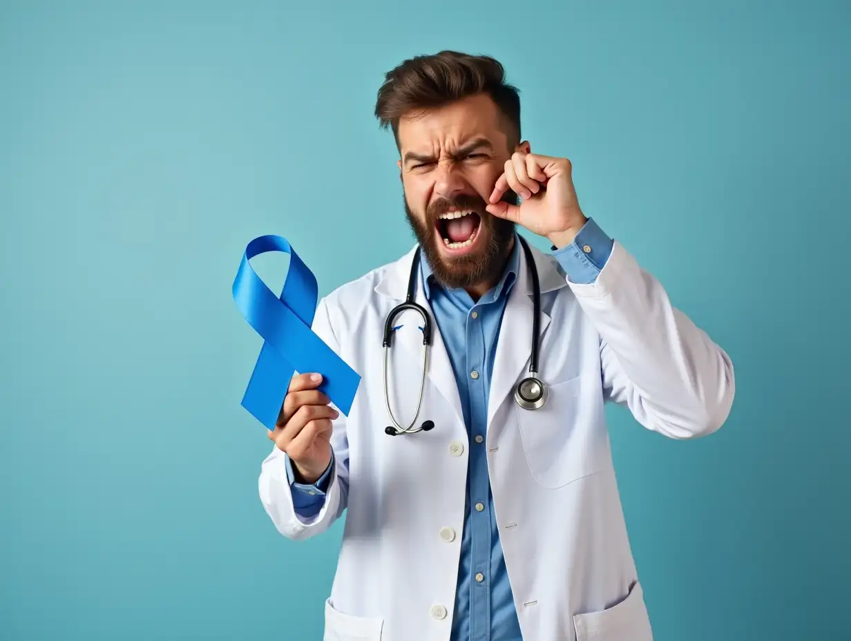 Young handsome doctor man with beard wearing stethoscope holding blue cancer ribbon annoyed and frustrated shouting with anger, crazy and yelling with raised hand, anger concept