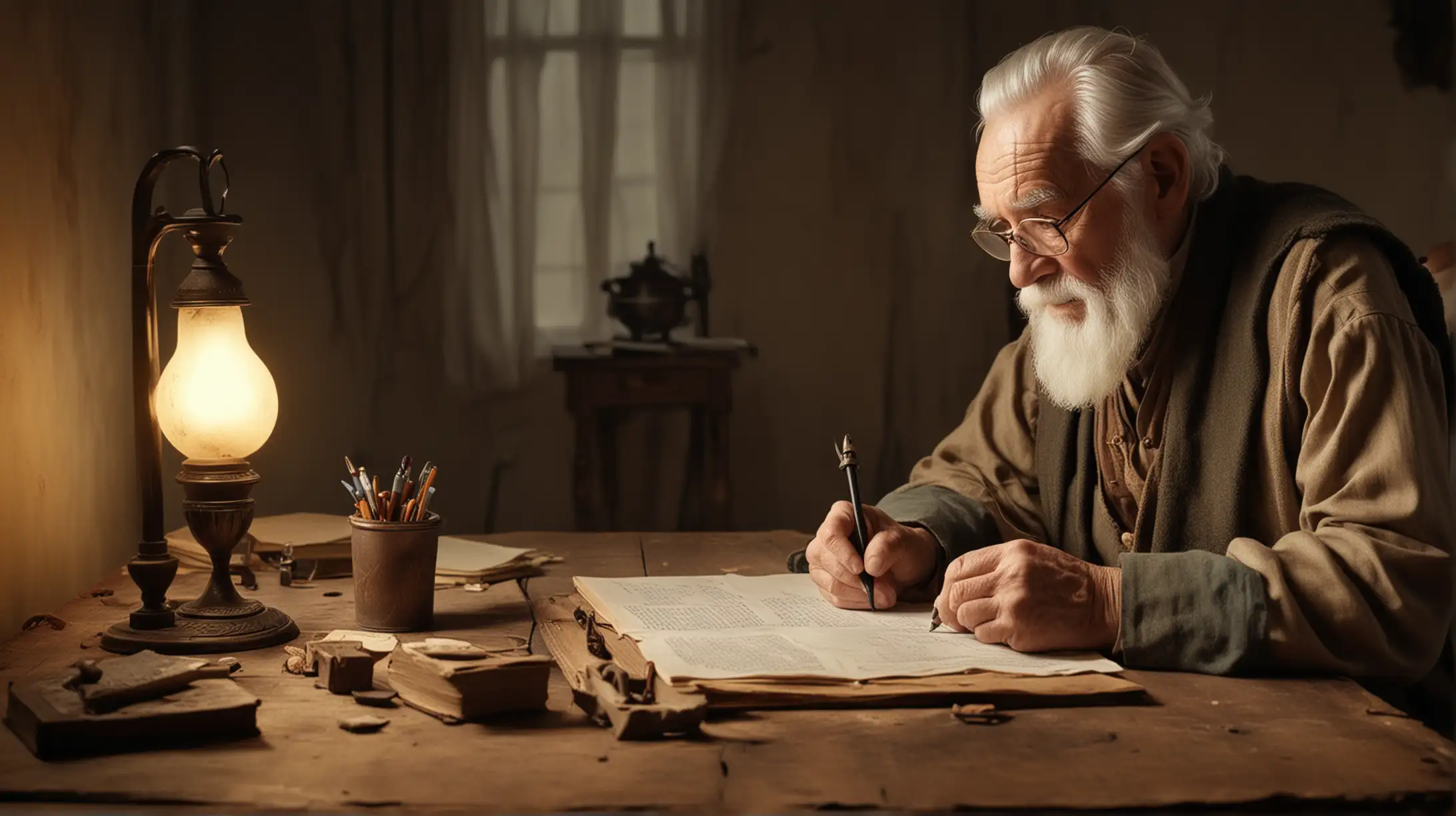 Wise Old Man Writing Parable at Desk