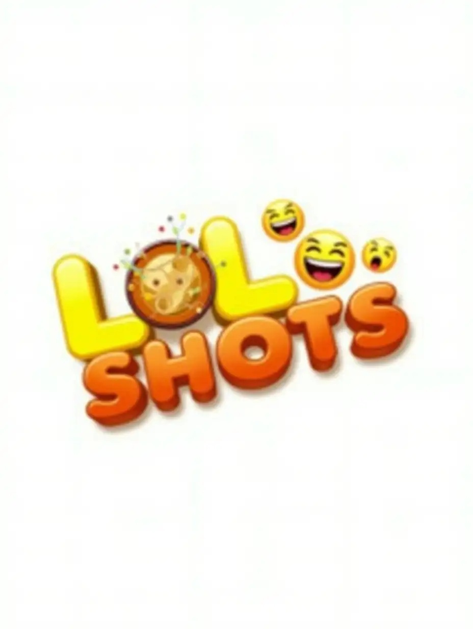 Design a vibrant and playful logo for 'LOLShots,' a funny video creator brand. The logo should feature bold, rounded typography with the text 'LOL' in bright yellow and 'Shots' in a contrasting bright orange. Incorporate a cartoonish camera or film reel icon integrated into the text to emphasize video creation. Add playful elements like laughing emojis or a burst of confetti around the text to highlight humor and entertainment. Use a clean, modern design style with a white or light gradient background for versatility.