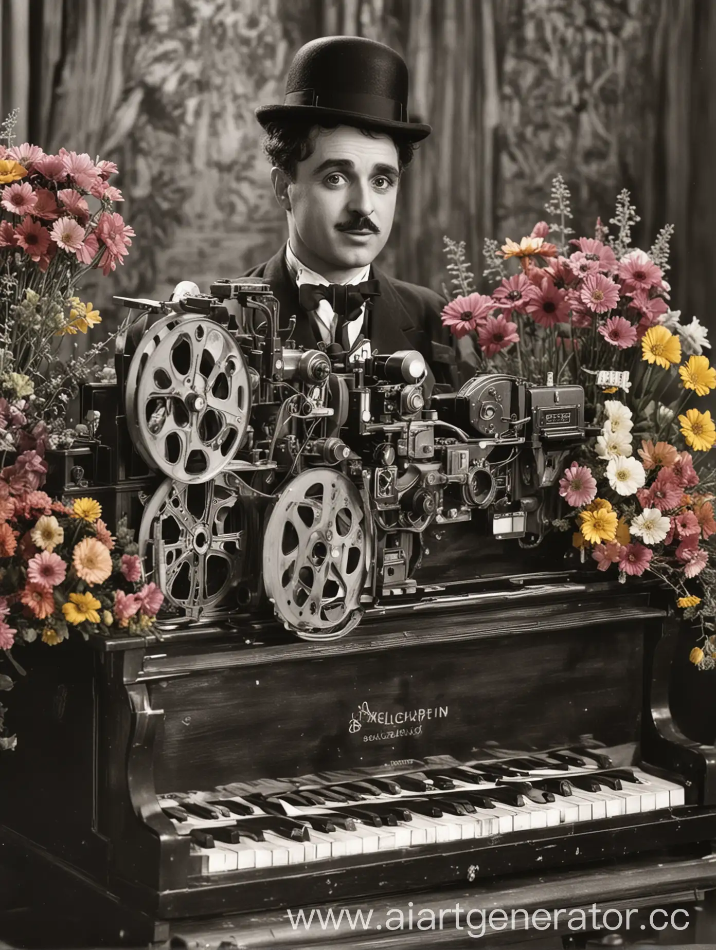 Charlie-Chaplin-Behind-Piano-with-Film-Reel-Projector-and-Colorful-Flowers