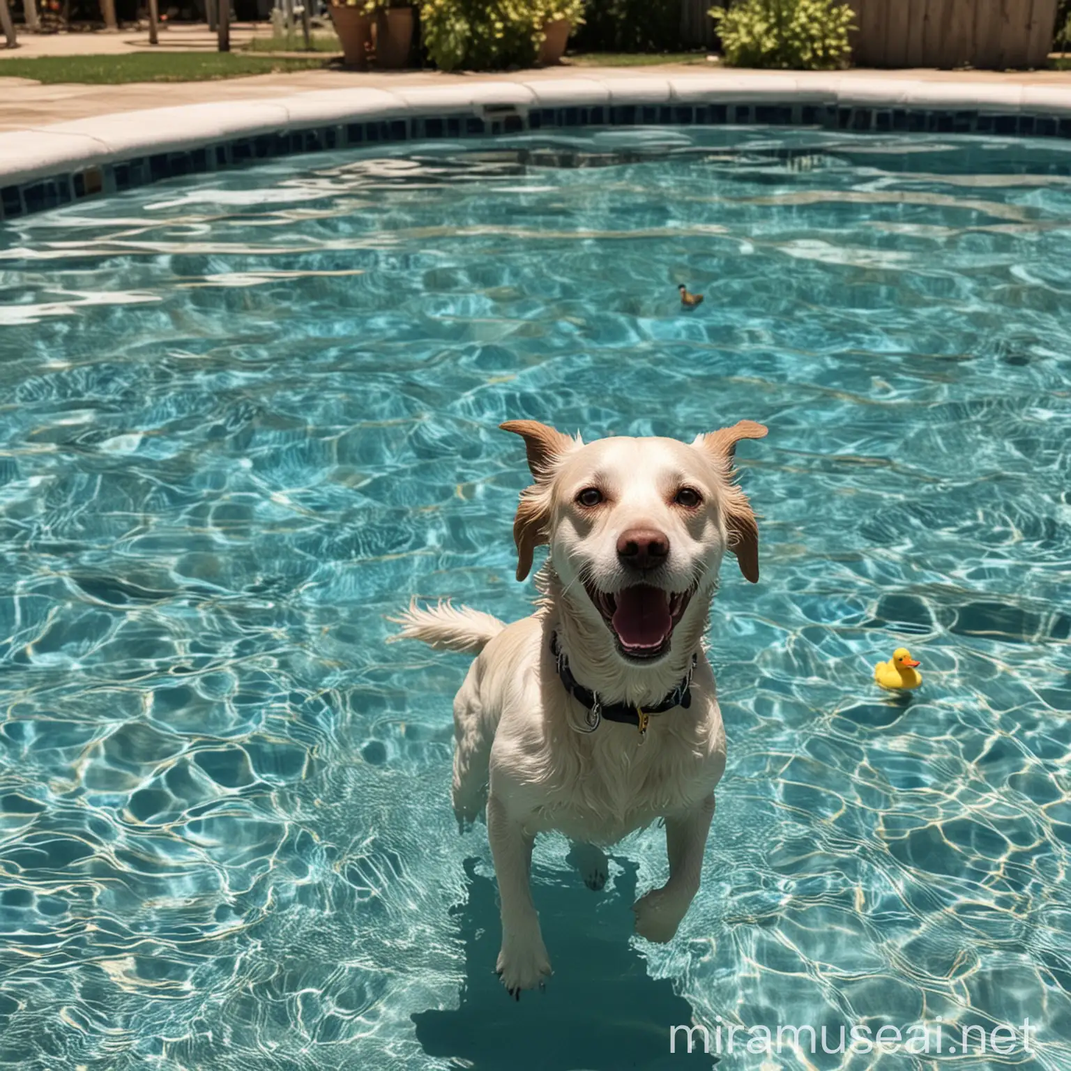 Happy Dog Swimming Towards Camera in Blue Pool with Yellow Duck