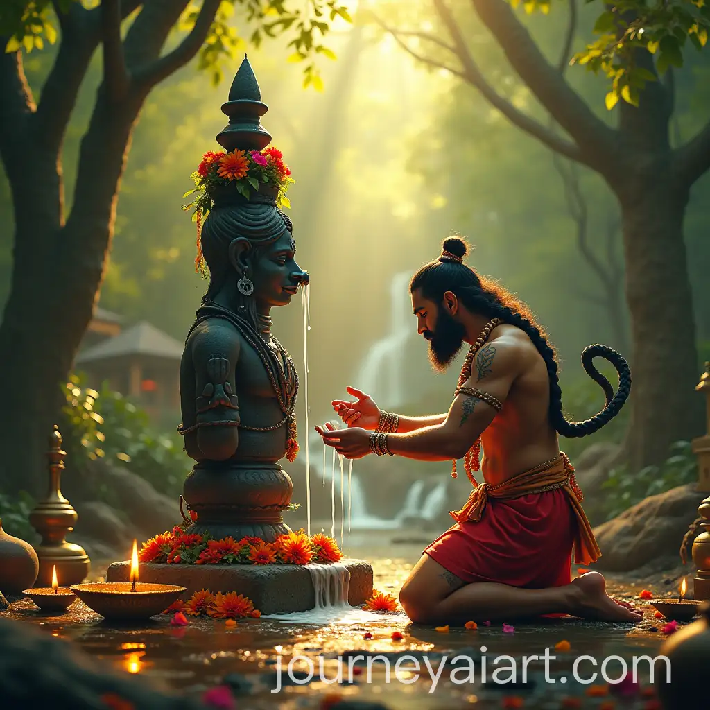 Sacred-Hanuman-Offering-Aarti-at-Shiva-Lingam-in-Lush-Forest-Setting