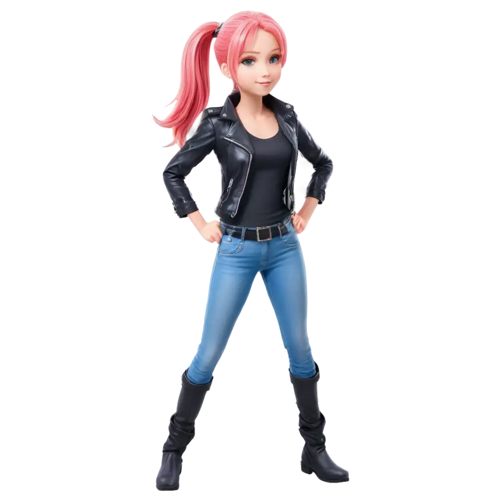 Valerie is a 16-year-old anime girl, she has pink ponytail hair, is tall, thin, has a leather jacket and long blue jeans, with leather boots.