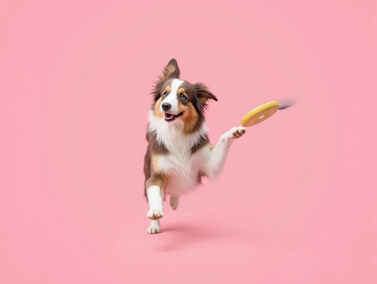 Energetic-Australian-Shepherd-Dog-Catching-Frisbee-on-Pink-Background