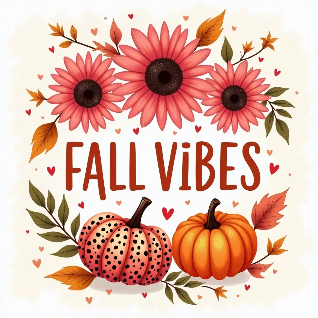 Oil painting ART. Create a vibrant, fall-themed graphic featuring a bouquet of pink sunflowers, pumpkins, and autumn leaves. The sunflowers should have a bold, textured appearance, and the pumpkins should be decorated with leopard print and glitter. The text 'FALL VIBES' should be prominently displayed in bold, contrasting fonts, with a playful, handwritten style. The background should be a light, neutral color with a subtle texture. Consider adding hearts or stars to enhance the visual appeal. The overall style should be lighthearted and inspiring, with a focus on the beauty of autumn.