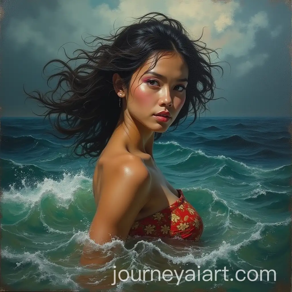 Dramatic-Oil-Painting-of-Beautiful-CaucasianMalay-Woman-with-Hair-Tocang-in-Stormy-Seas