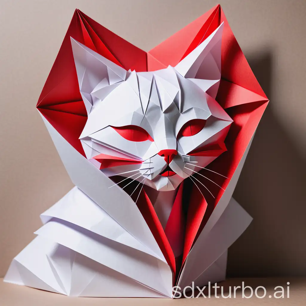 Cat-with-Bright-Red-Lips-Kissing-in-Paperfold-Art-Style