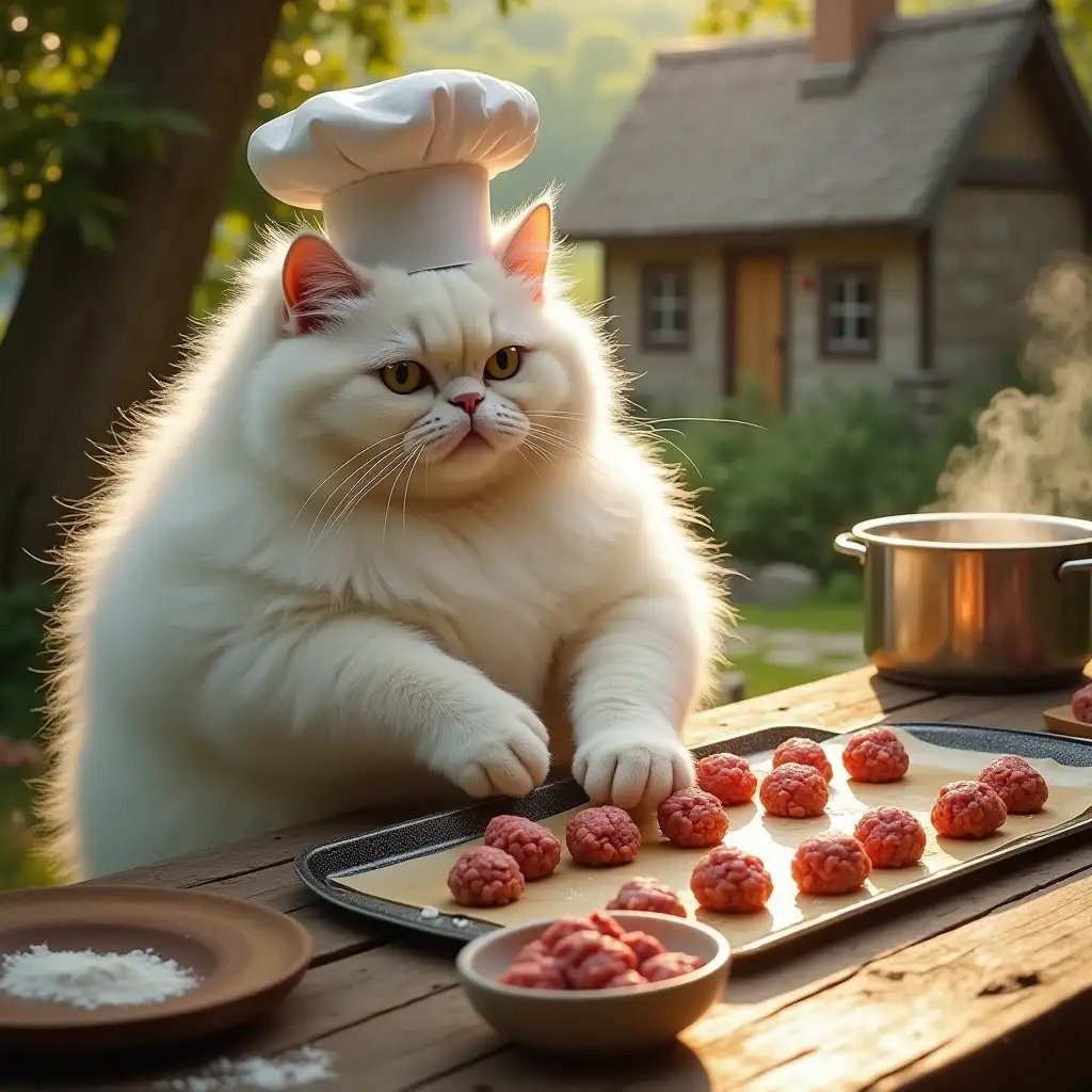 a very large funny creature anthropomorphic white cat, still wearing its chef’s hat, is carefully shaping meatballs with its paws. The rustic wooden table is lined with an even row of small, perfectly round meatballs on a parchment-lined tray. The cat’s fur appears slightly fluffed from its focused work. Beside the tray are a bowl of meat mixture, a small pile of flour for dusting, and a damp cloth. The golden sunlight creates soft shadows on the table, while the lush greenery and rustic cottages add depth to the background. Steam rises faintly from a nearby pot of boiling water, ready to cook the meatballs.