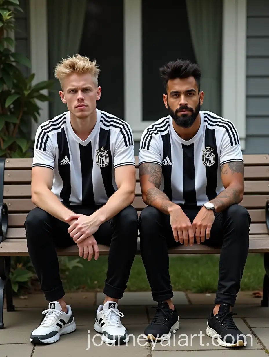 Two-Hip-Hop-Men-in-Black-and-White-Striped-Adidas-Shirts-Sitting-on-a-Bench
