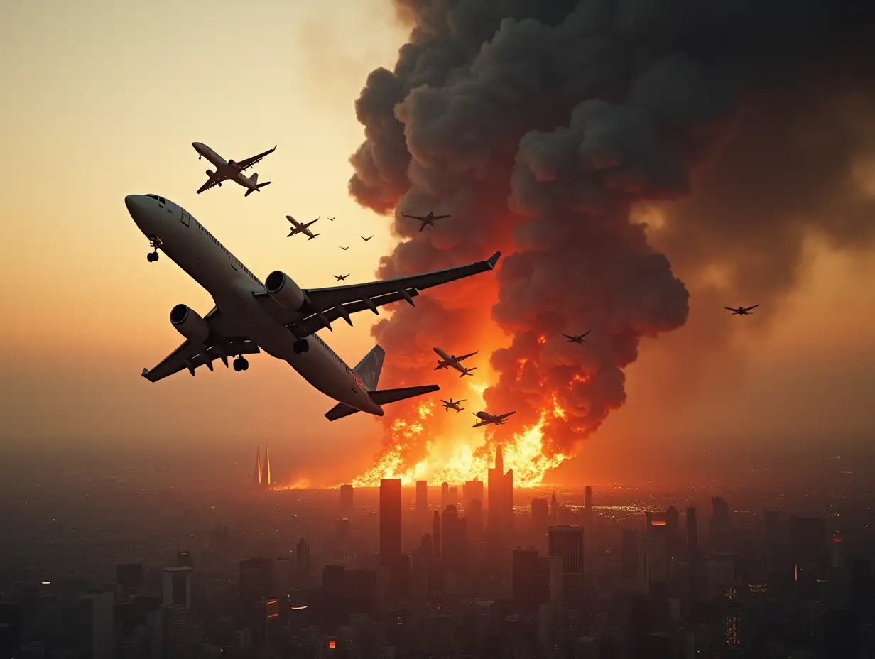 different airplanes falling from the sky, multiple planes crash, flames, smoke, dust, injured people, victims, panic, deaths, chaos