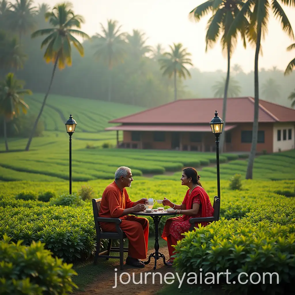 Indian-Couple-Enjoying-Tea-in-Tea-Plantation-Near-Farmhouse-with-Lamp-Posts