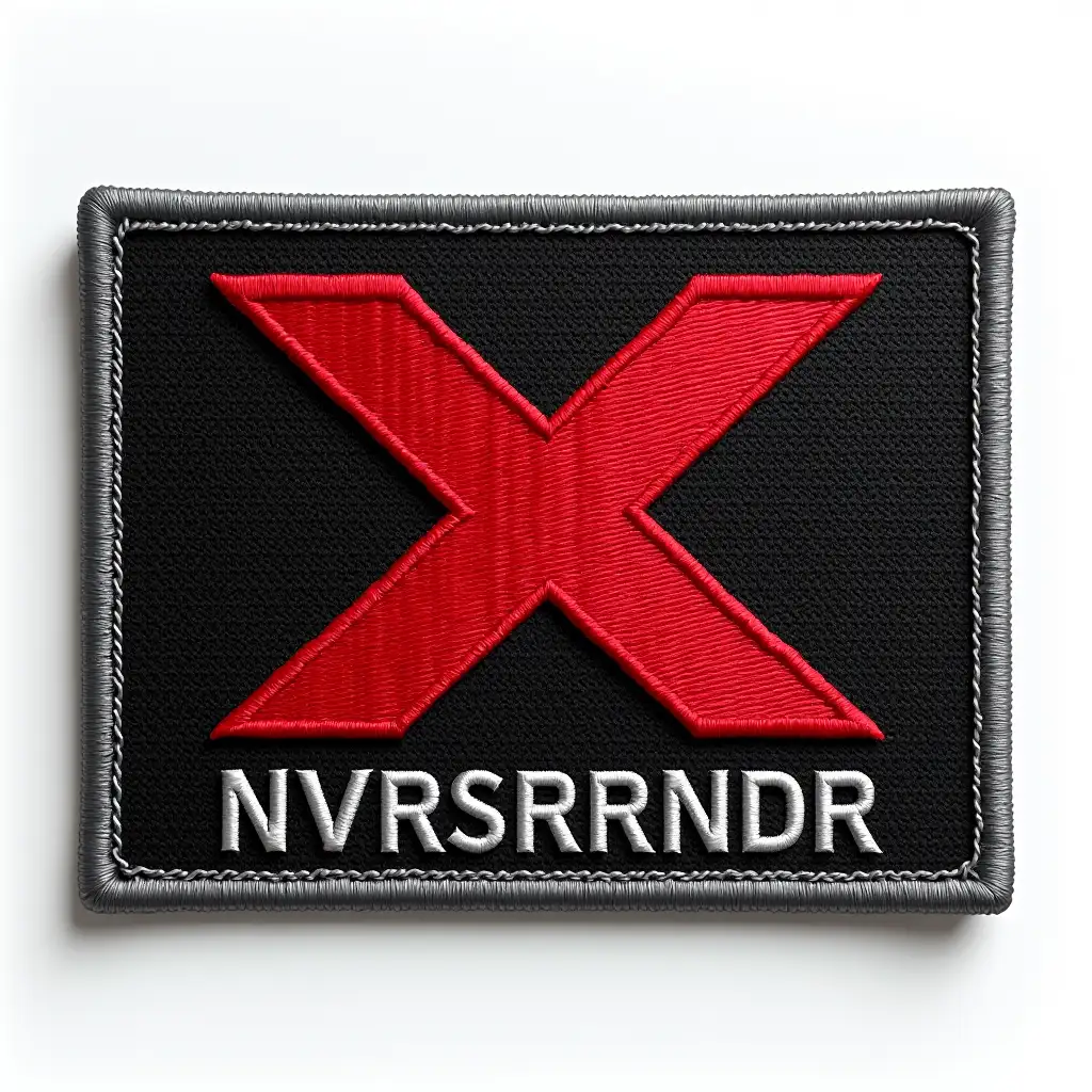 Realistic design of a rectangular embroidered patch that is 250mm wide and 30mm tall. The patch has a black background with a red × perfectly centered in the middle. Below the x, the text NVRSRRNDR appears in gray, aligned and completely legible. The embroidery texture is detailed and visible, with well-defined edges and impeccable production quality. High resolution, realistic, ready for manufacturing, and without distortions.