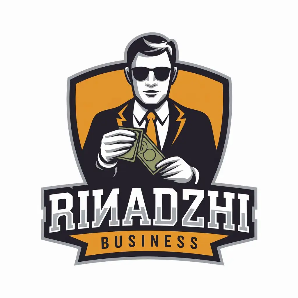 LOGO Design for Rinadzhi Business Modern Man with Sunglasses Holding Money Icon