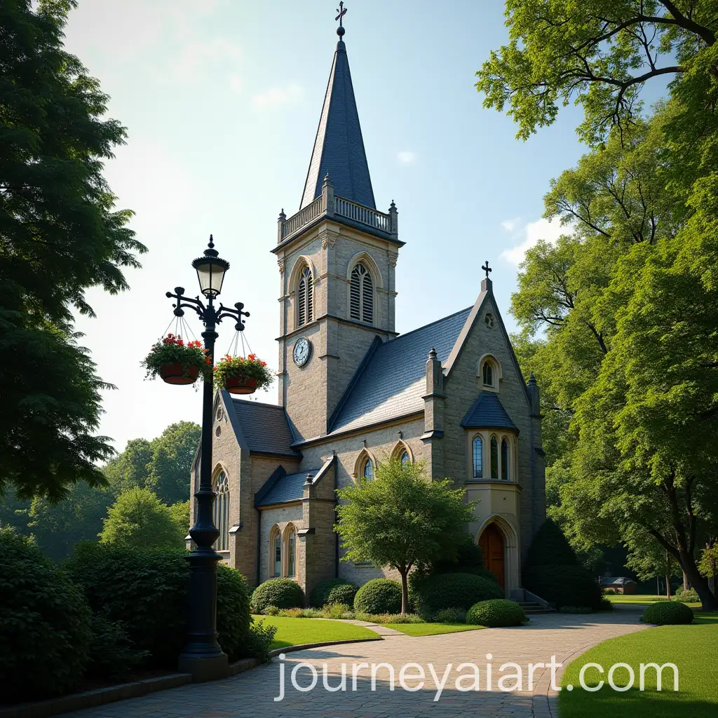 Gothic-Church-with-Twisted-Spire-and-Clock-Tower-Surrounded-by-Lush-Greenery