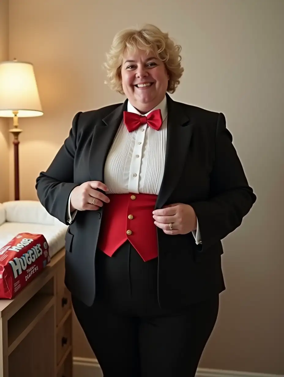 sweet very beautiful smiling middle aged huge fat obese woman with large wide huge hips, Caucasian, with short blonde curly hair with curly bangs, standing facing forward wearing a very formal concert tuxedo with black long sleeve cropped Eton jacket, white wing tip tuxedo shirt with pleated front, scarlet red adjustable around collar neckband diamond point bow tie, scarlet red cummerbund, black tight high cut cotton leotard bottom with elastic waistband, nylons, unfolding a large white plastic Huggies disposable diaper while standing next to a changing table with a large scarlet red and white plastic package that reads 'Huggies THICK Diapers' in a nursery, front view