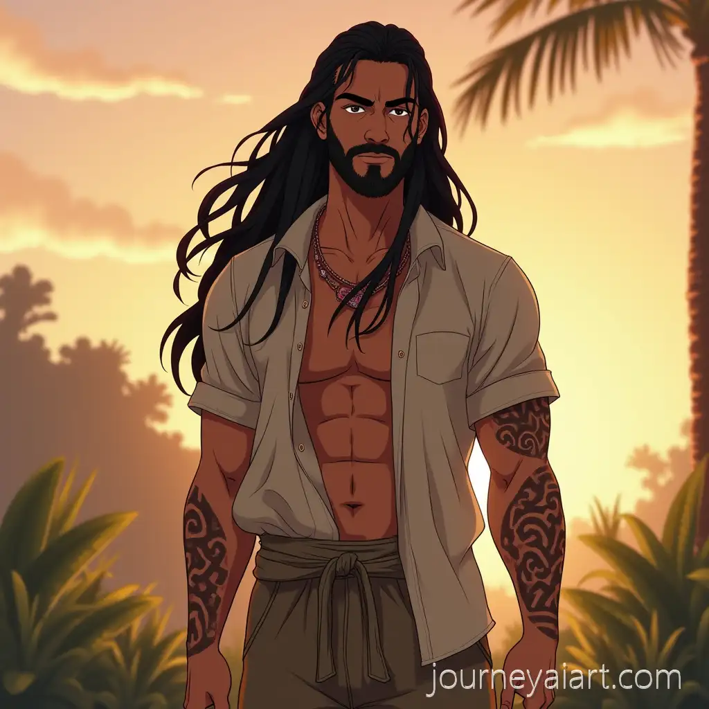 Mori-Man-with-Tribal-Tattoos-in-Serene-Sunset-Outdoor-Setting