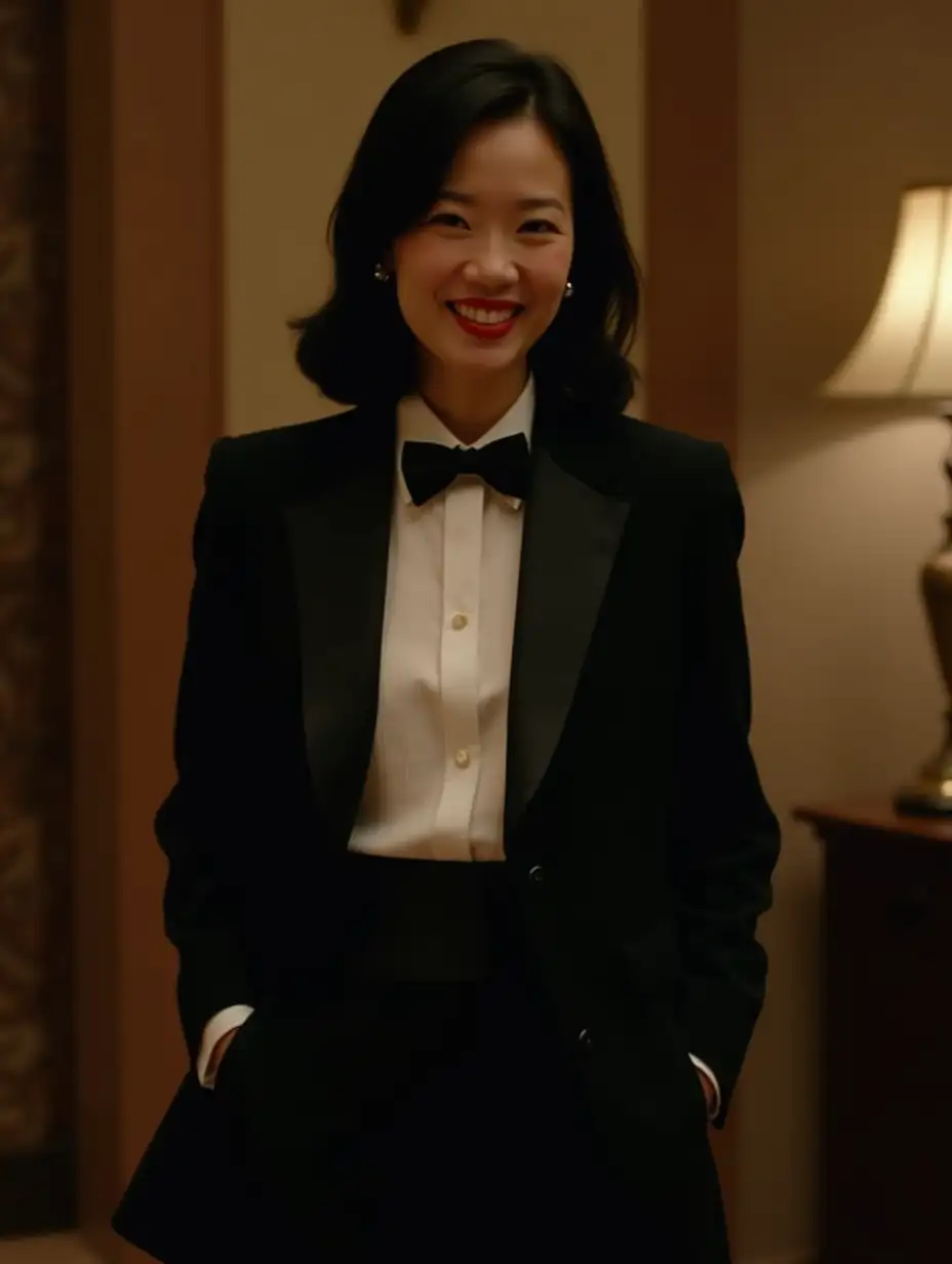 Elegant-Chinese-Woman-in-Formal-Tuxedo-at-Night-Mansion