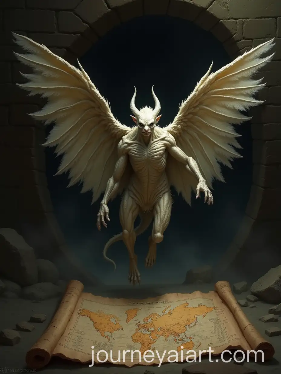 HumanLike-Creatures-with-Shiny-Wings-Fleeing-from-a-Dark-Opening-and-Leaving-an-Old-Map-Behind