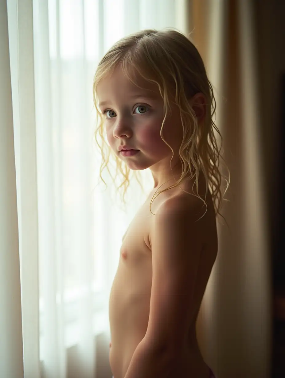 Little-Girl-with-Wet-Sandy-Blonde-Hair-Standing-by-a-Window-in-a-Bright-Room