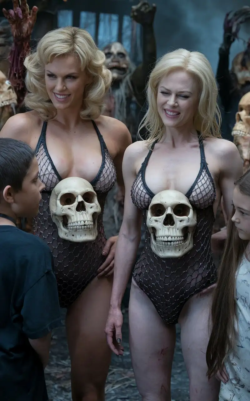 Witch-Bodybuilders-in-Seductive-Horror-Setting-with-Skull-Bathing-Suits