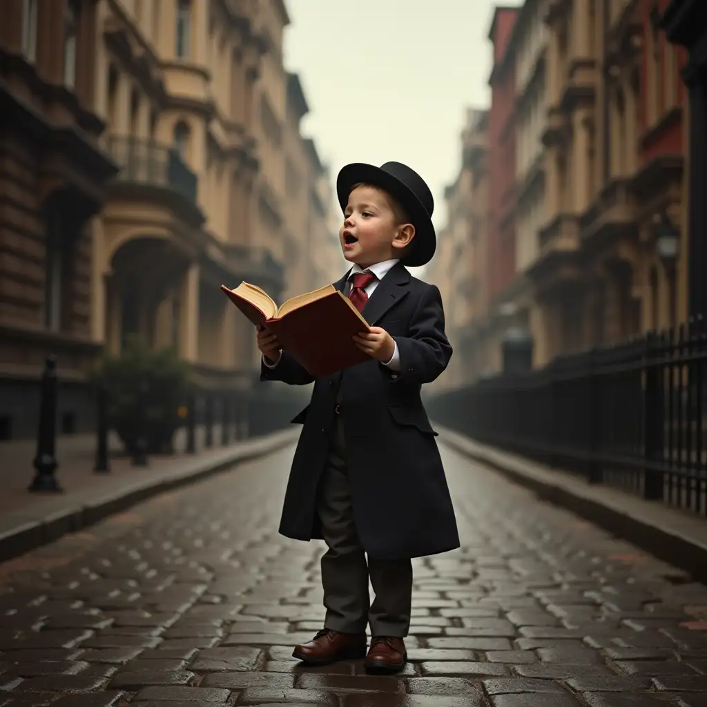 Victorian Boy Singing in a Charming Street Scene