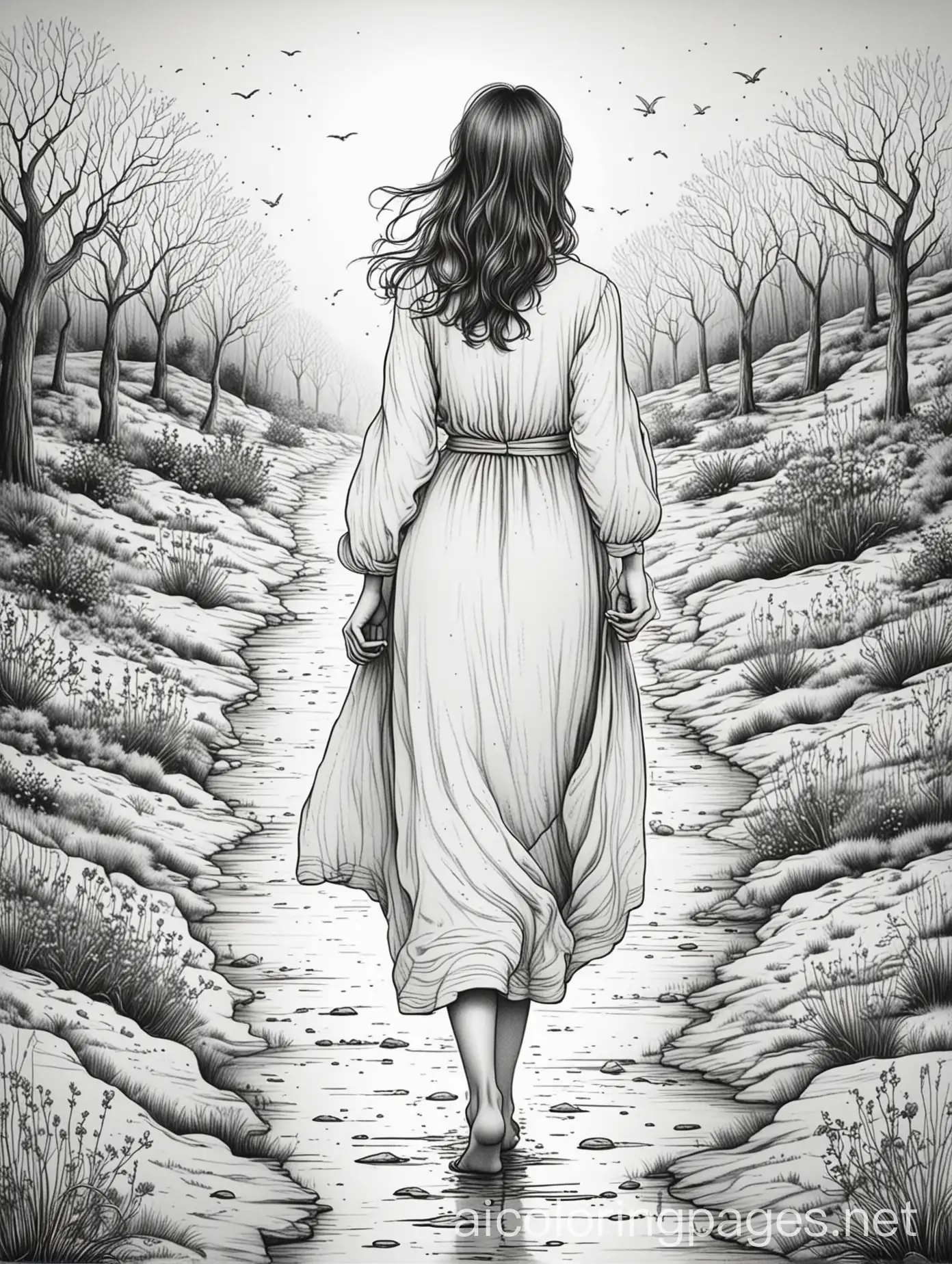 ChildFriendly-Coloring-Page-of-a-Woman-Walking-Through-Woods-at-Night