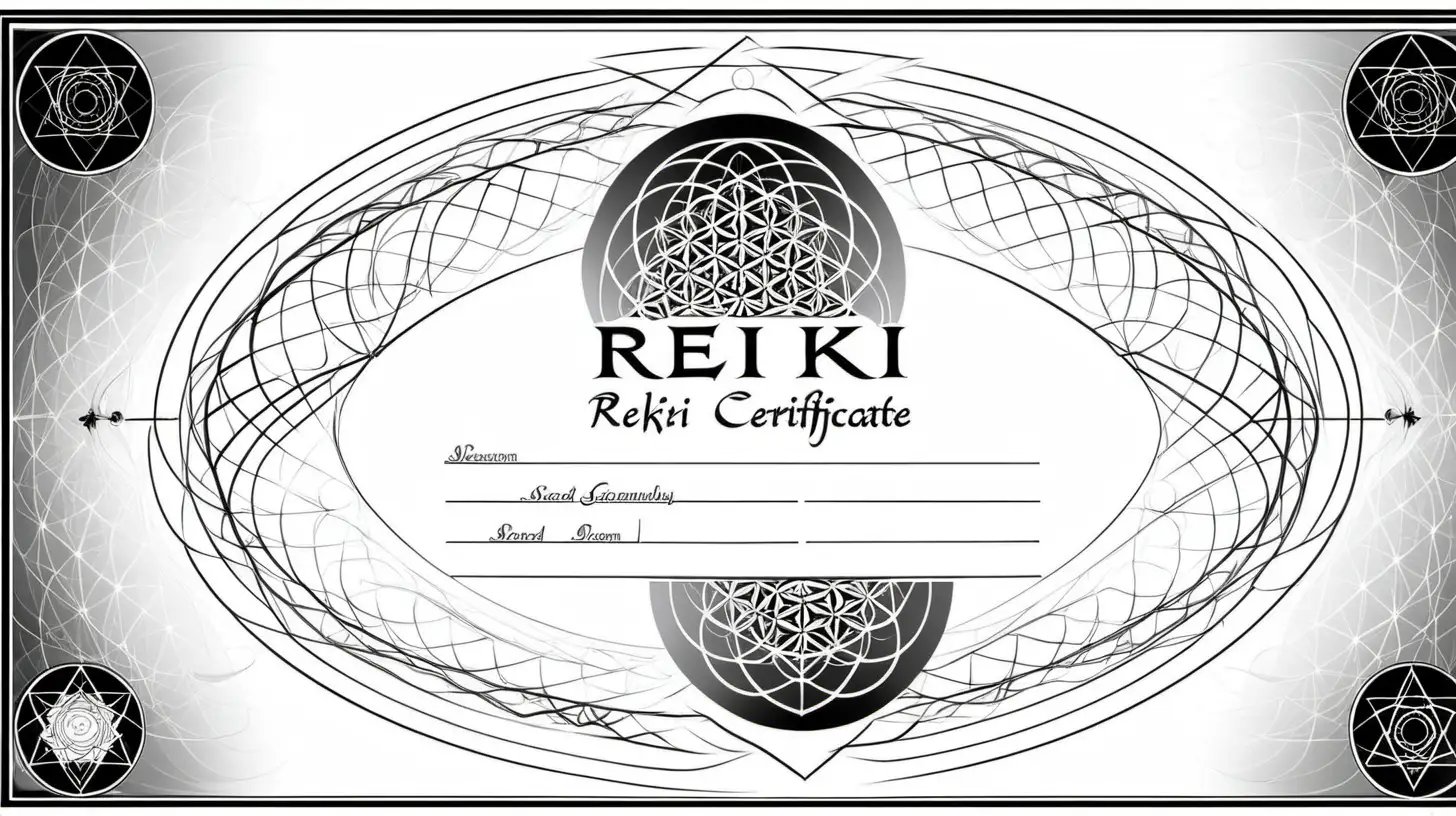 a black and white design for a reiki certificate using sacred geometry in the border