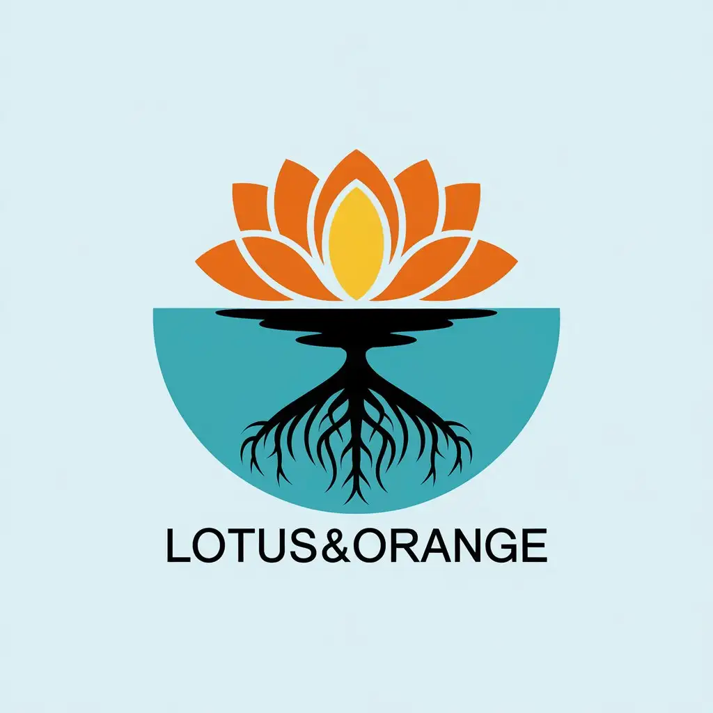 a vector logo design,with the text "Lotus&Orange", main symbol:Orange lotus flower, can see huge lotus roots at the bottom of the water,Moderate,clear background