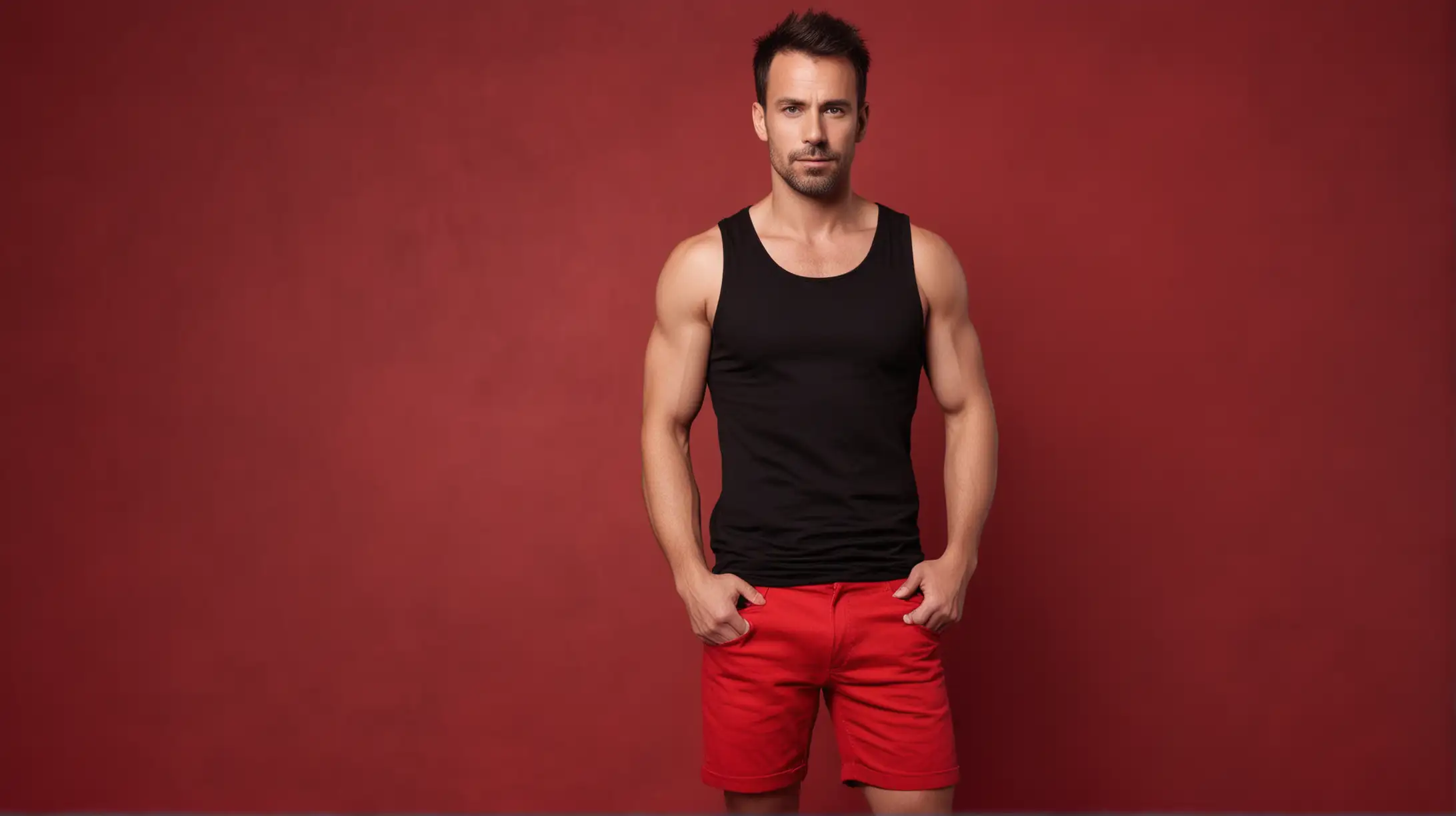 Slim Brunette Man in Black Tank Top and Red Shorts on Red Background